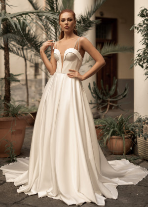 Modern Ivory Satin Beaded Straps Wedding Dress With Buttons